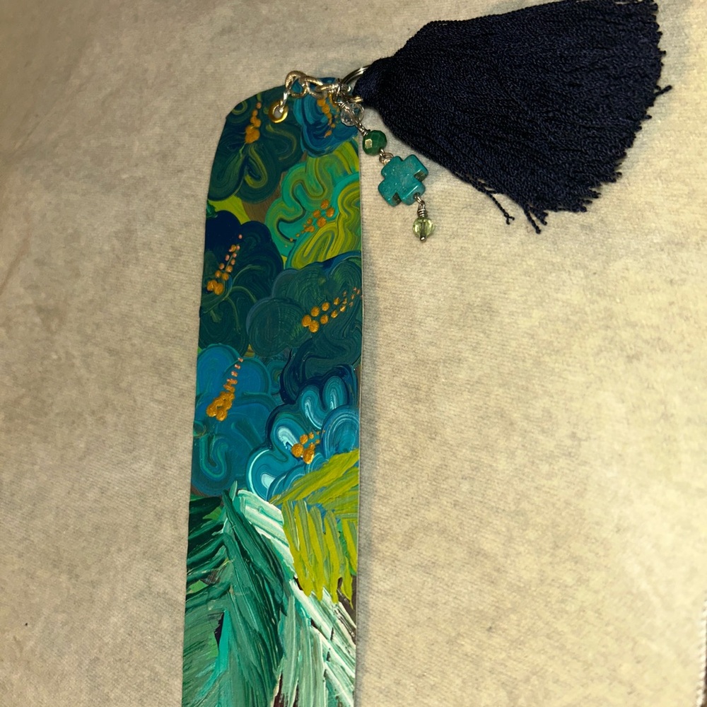 Elegant Blue and Green Flower Bookmark with Navy Blue Tassel & Cross Charm